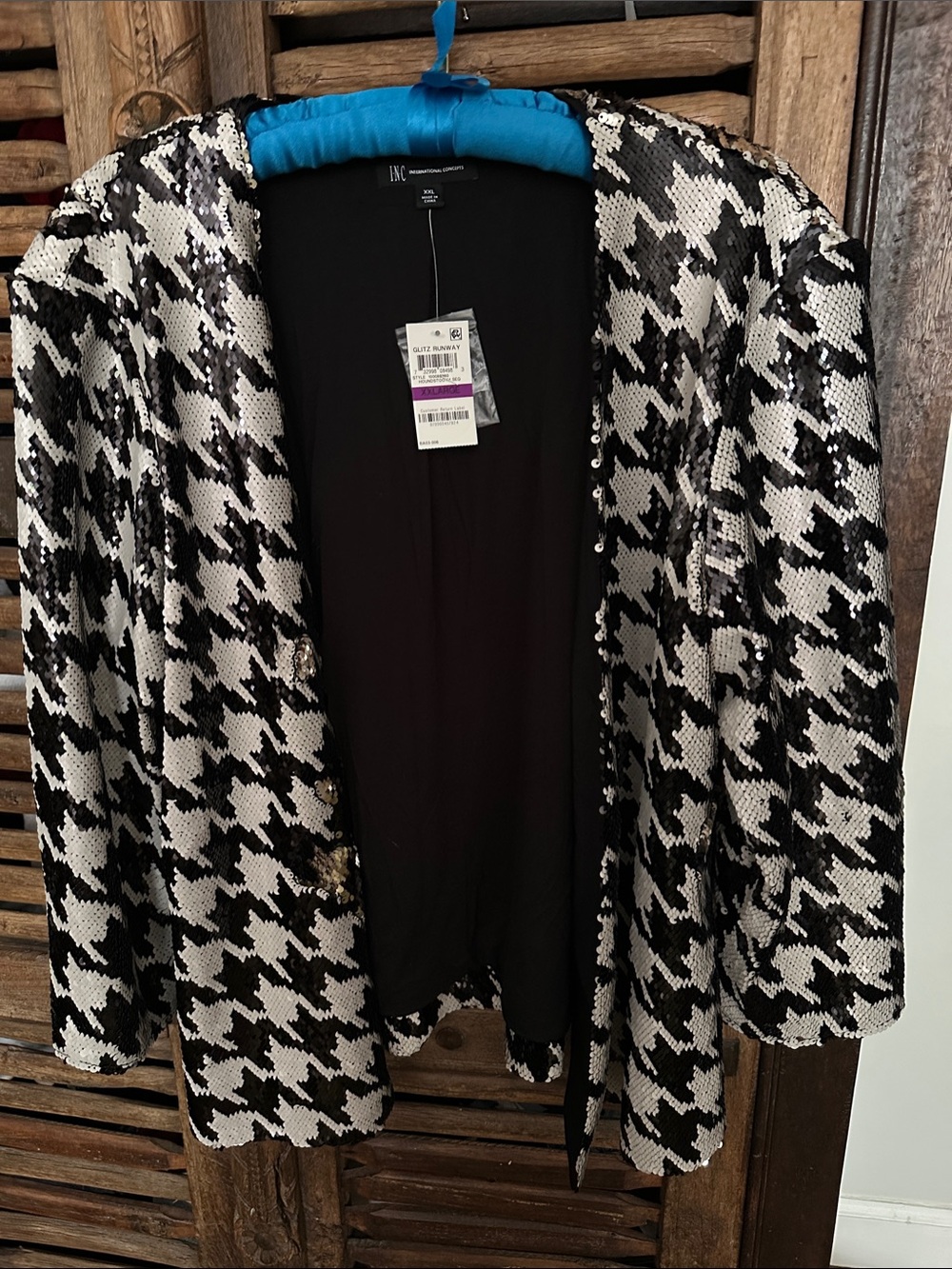 INC International Concepts Black and White Sequin Houndstooth Blazer Jacket